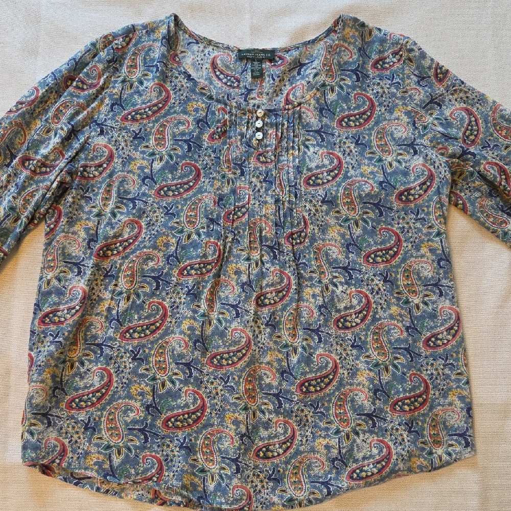 Lauren Ralph Lauren Paisley Tunic Blouse L Large Boho Babydoll Peasant Top Artsy